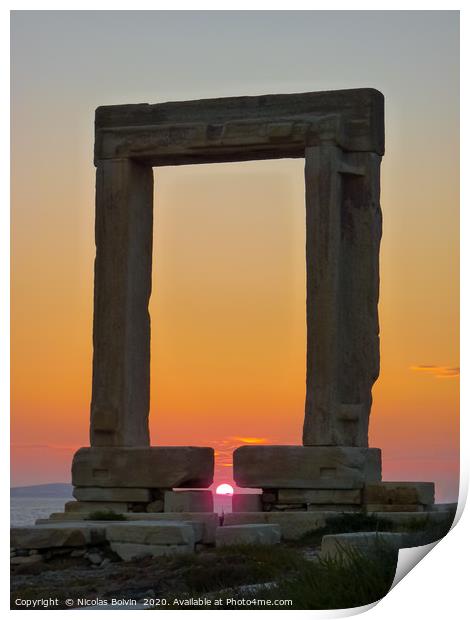 Sunset on Portara - ruins of ancient temple of Del Print by Nicolas Boivin