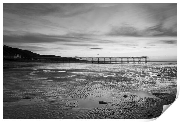 Sunset over Saltburn beach in Black and white Print by Kevin Winter