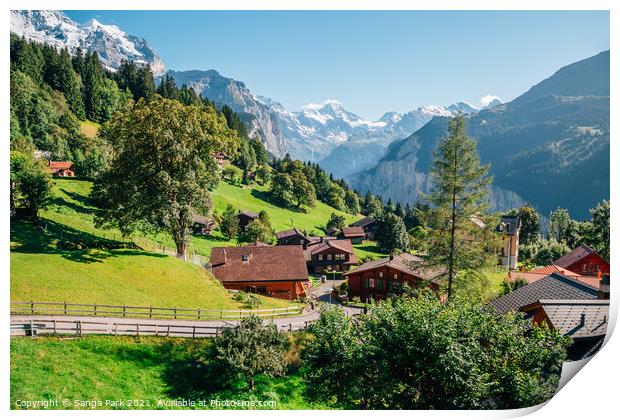 Swiss Wengen village and alps mountain Print by Sanga Park