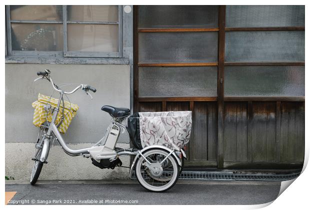 Bicycle and Japanese old house Print by Sanga Park