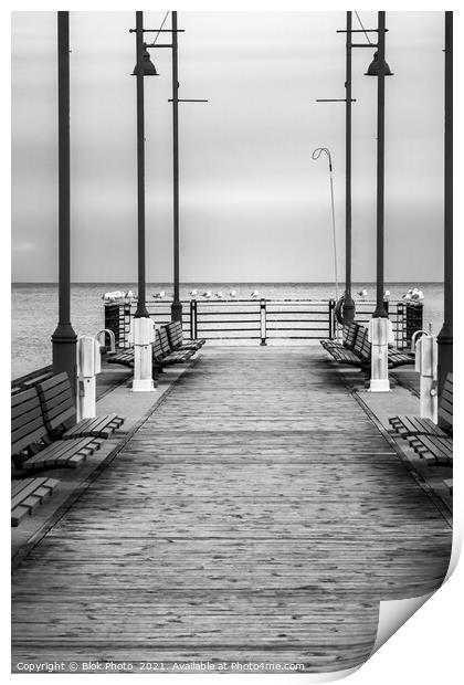 Lake Pier - A deserted tranquil boardwalk, black & white. Print by Blok Photo 