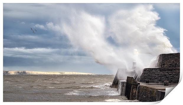 Porthcawl Lighthouse during Storm Print by Roger Daniel