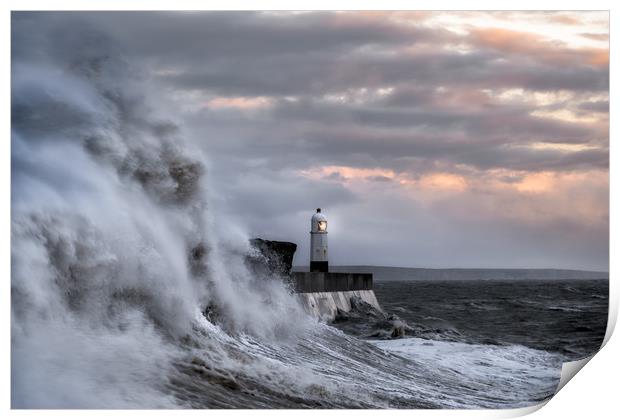 Porthcawl Lighthouse during Storm Print by Roger Daniel