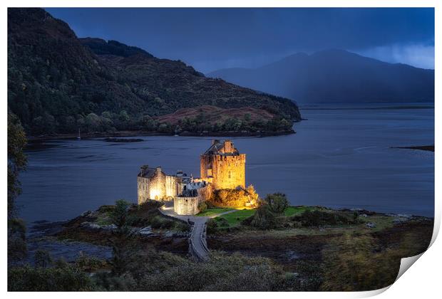 Eilean Donan Castle at night Print by Roger Daniel
