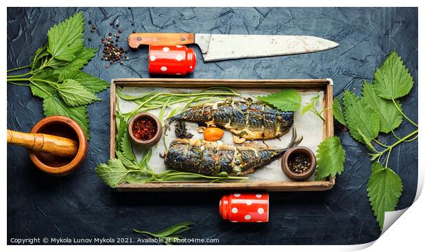 Roasted mackerel with herbs,top view Print by Mykola Lunov Mykola