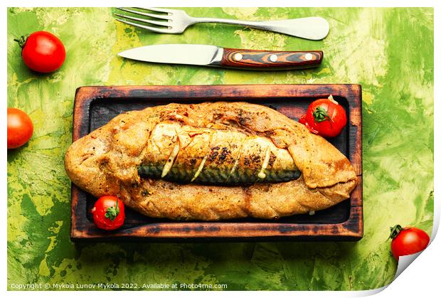 Mackerel or scomber baked in bread loaf Print by Mykola Lunov Mykola