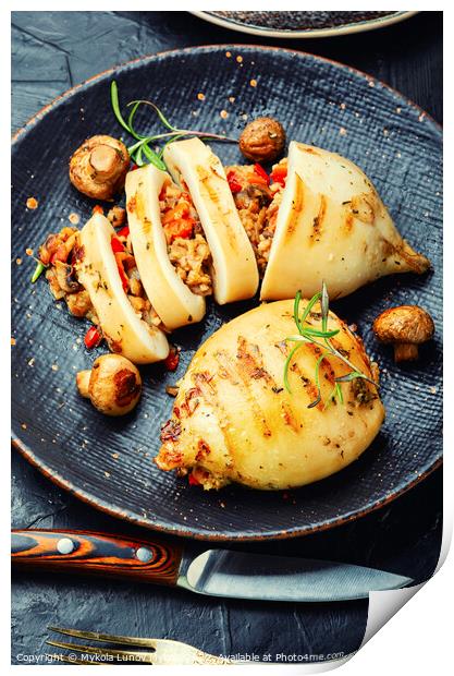 Grilled squid stuffed with vegetables, mediterranean food Print by Mykola Lunov Mykola