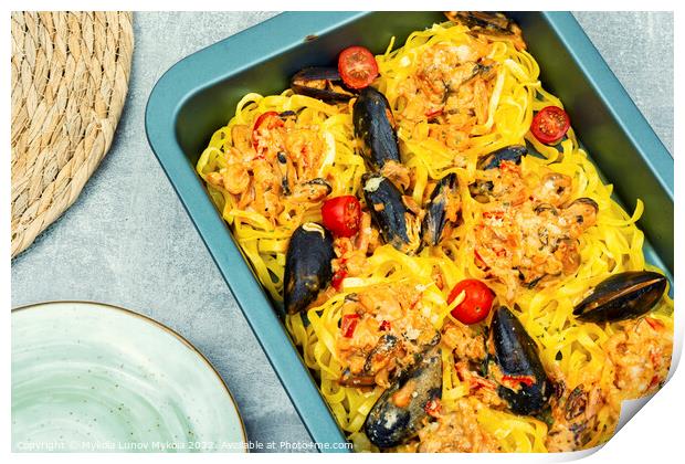 Seafood pasta with clams, spaghetti Print by Mykola Lunov Mykola