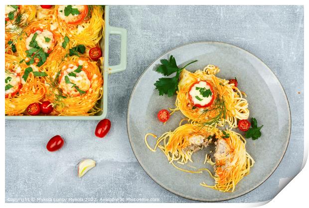 Spaghetti nest appetizers Print by Mykola Lunov Mykola