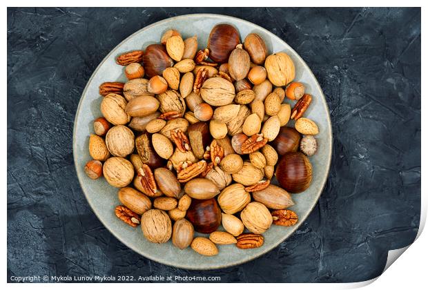 Assortment of nuts on a plate Print by Mykola Lunov Mykola