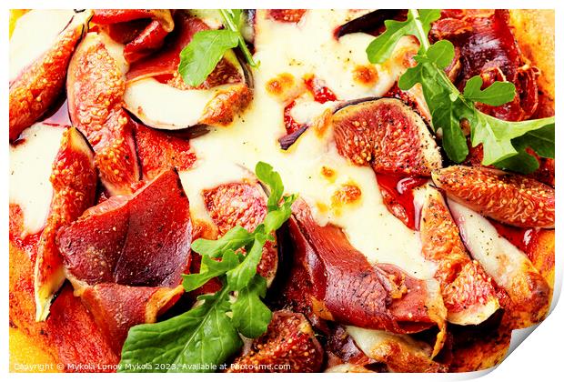 Appetizing pizza with bacon and fruit. Print by Mykola Lunov Mykola