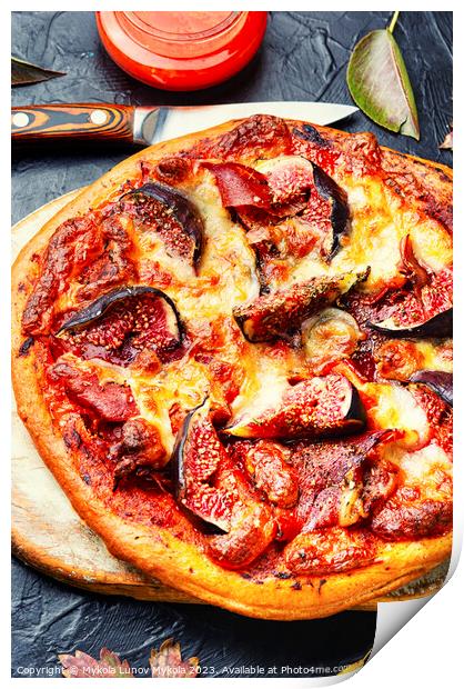 Gourmet pizza with bacon and fruit. Print by Mykola Lunov Mykola