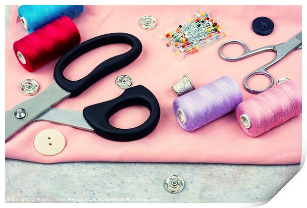 Sewing accessories and fabric Print by Mykola Lunov Mykola