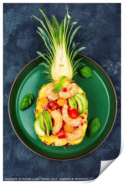 Pineapple stuffed with prawn, rice and avocado. Print by Mykola Lunov Mykola
