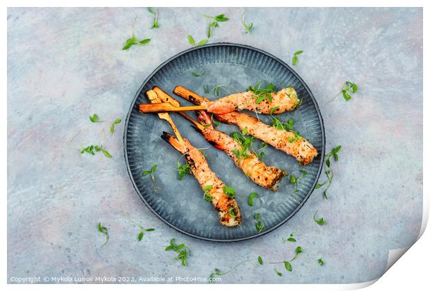 Shrimps prawns skewers with herbs Print by Mykola Lunov Mykola