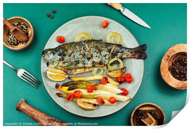 Roasted trout with baked asparagus Print by Mykola Lunov Mykola