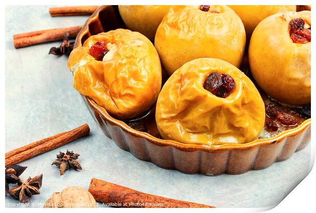 Baked autumn apples with nuts and raisins Print by Mykola Lunov Mykola