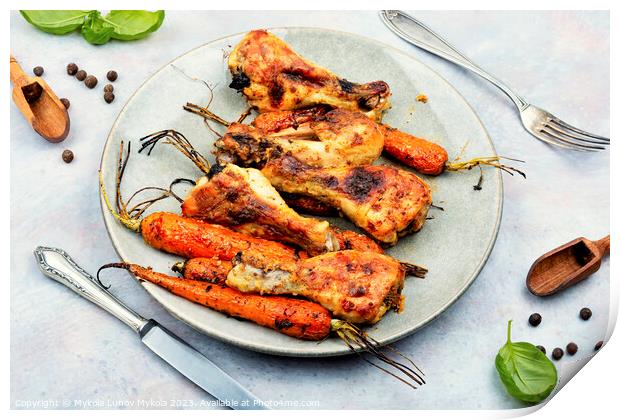 Baked chicken drumstick with carrots. Print by Mykola Lunov Mykola