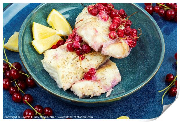 fried cod fillet with berries, seafood. Print by Mykola Lunov Mykola