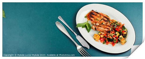 Plate of tuna grilled steak with salad Print by Mykola Lunov Mykola