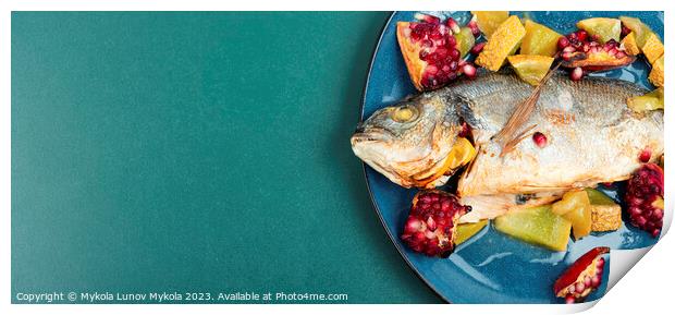 Dorado fish cooked with melon, copy space. Print by Mykola Lunov Mykola