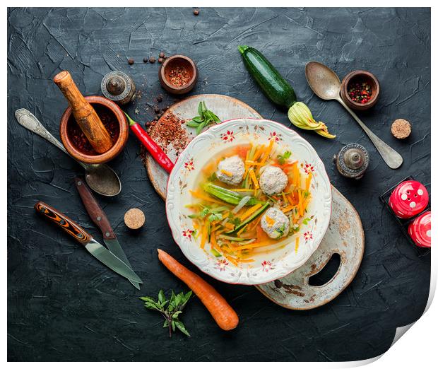 Soup with meatballs and zucchini Print by Mykola Lunov Mykola