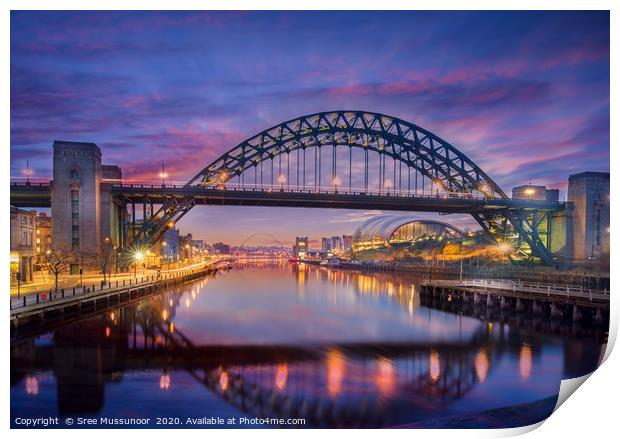 Newcastle Tyne bridge and Gateshead quayside Print by Sree Mussunoor