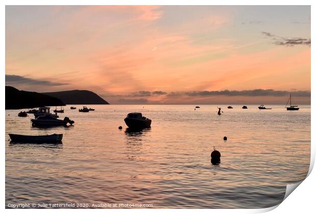 Pink sunset at the Parrog,  Pembrokeshire  Print by Julie Tattersfield
