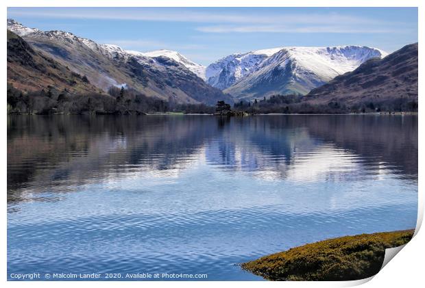 View across Ullswater to the snow capped Rake Crag Print by Malcolm Lander