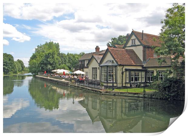 Pub on the river Lea at Dobbs Weir, Roydon, Essex Print by Laurence Tobin