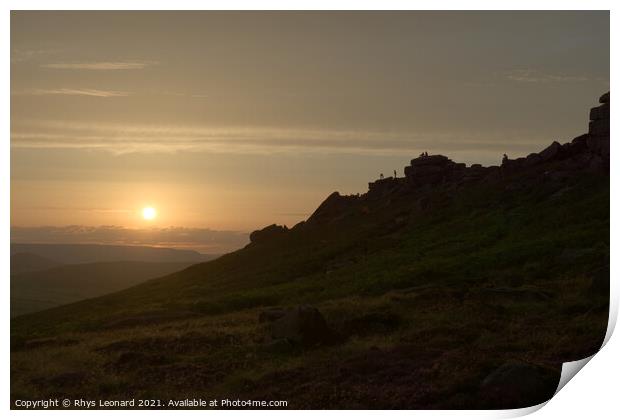 Wide angle sunset at stanage edge, with many people outdoors at sunset Print by Rhys Leonard