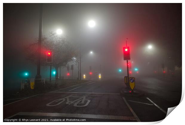 Extremely foggy night time conditions at a junctio Print by Rhys Leonard