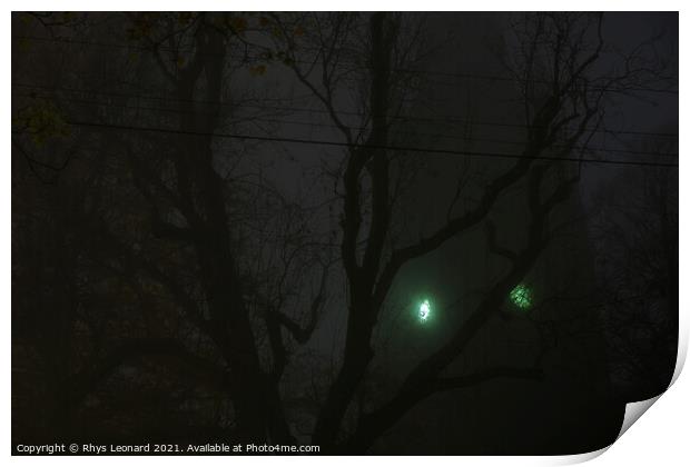 Eerie green clock face on a church tower shines through thick fog Print by Rhys Leonard