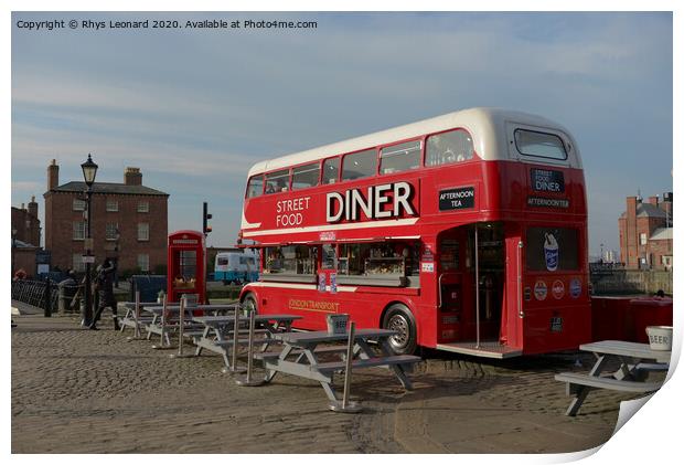 Street food diner bus at the royal albert dock, Liverpool, in sunlight. Print by Rhys Leonard