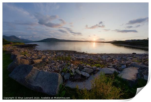 East suisnish, Isle of Raasay. Fish eye bay sunset. Print by Rhys Leonard