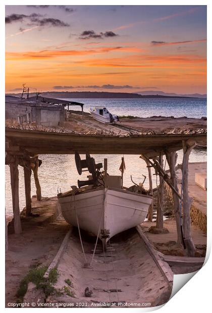 Fishing boat on its jetty at sunset Print by Vicente Sargues