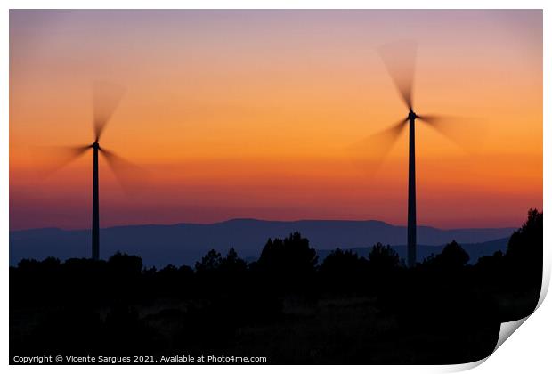 Two windmills in motion at sunset Print by Vicente Sargues