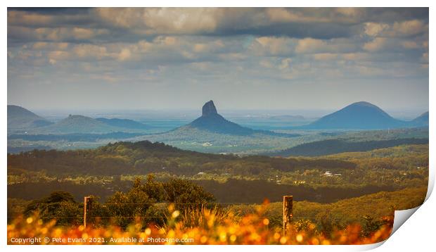 The Glasshouse Mountains Print by Pete Evans