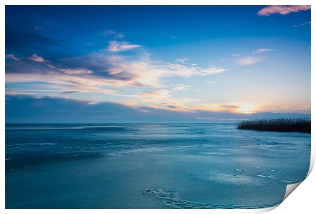 Sunrise in wintertime, lake Balaton in Hungary Print by Arpad Radoczy