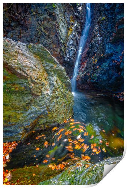 Beautiful veil waterfalls, mossy rocks, rotating leaves Print by Arpad Radoczy