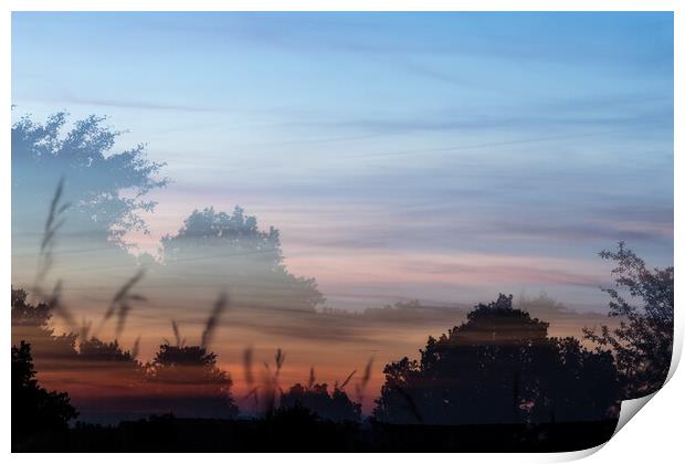 Double exposure picture from a meadow with sunset light Print by Arpad Radoczy