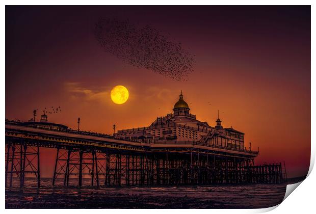 Starlings flying over Eastbourne Pier Print by Jadwiga Piasecka