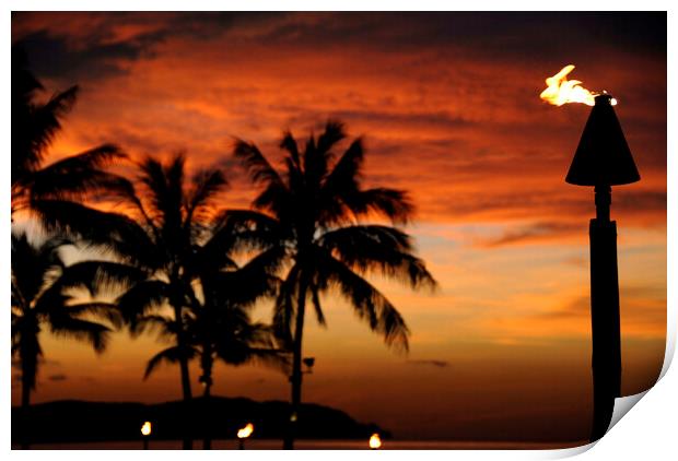 A red sunset over ocean shore in front of a palm tree Print by Alessandro Della Torre