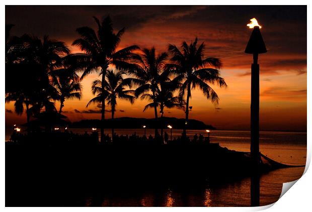 A red sunset over ocean shore in front of a palm tree Print by Alessandro Della Torre