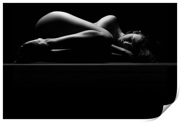 Nude woman fine art naked lying sleeping on black Print by Alessandro Della Torre