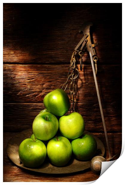 green apples on top of a wooden table Print by Alessandro Della Torre