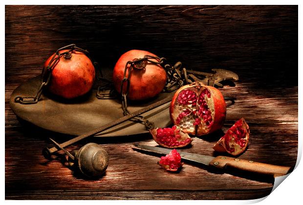 Pomegranates on a wooden table Print by Alessandro Della Torre