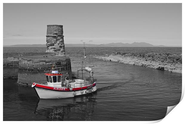 Small fishing boat entering Dunure harbour Ayrshire Print by Allan Durward Photography