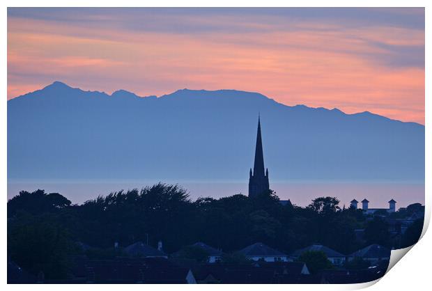 Panoramic view of Arran from Ayr at dusk Print by Allan Durward Photography