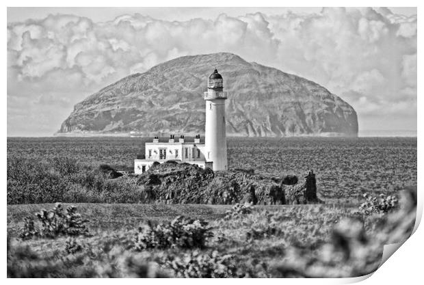 Turnberry lighthouse and Ailsa Craig (b&w) Print by Allan Durward Photography